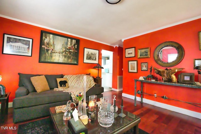 living room with hardwood / wood-style flooring and ornamental molding