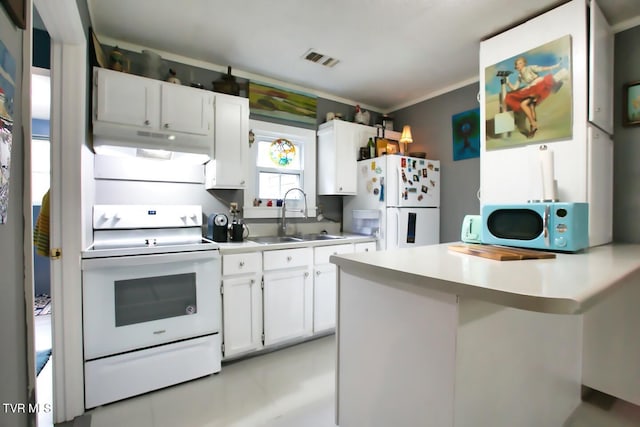 kitchen featuring white appliances, sink, kitchen peninsula, white cabinetry, and crown molding