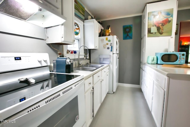 kitchen with white cabinets, sink, ventilation hood, and white appliances