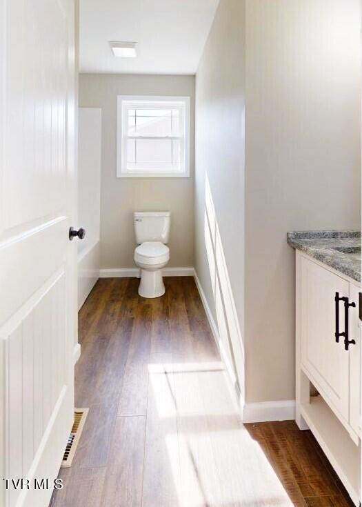 bathroom with vanity, wood-type flooring, and toilet