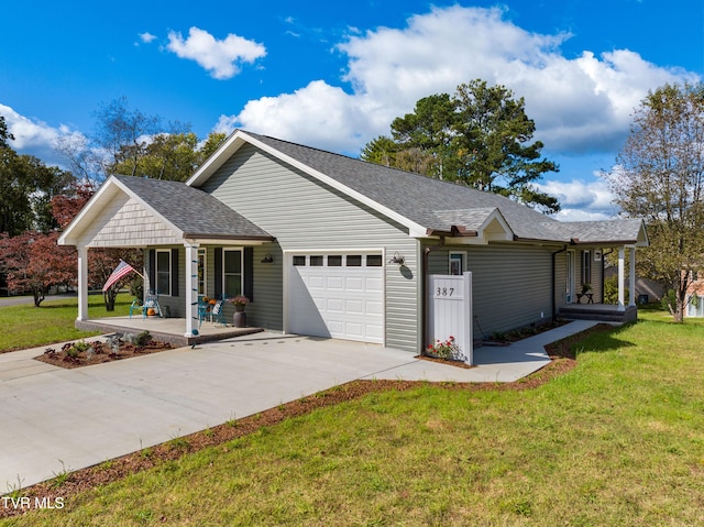 ranch-style home with a front yard, a porch, and a garage