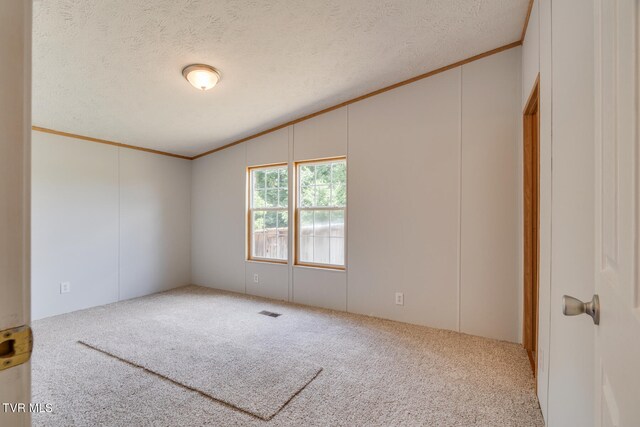 carpeted spare room with crown molding, a textured ceiling, and vaulted ceiling