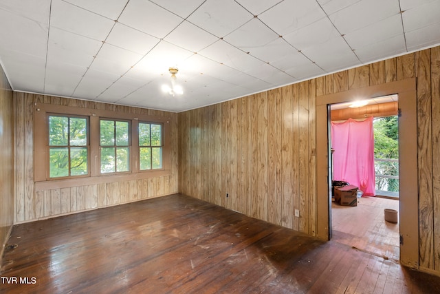 spare room with dark wood-type flooring and wooden walls