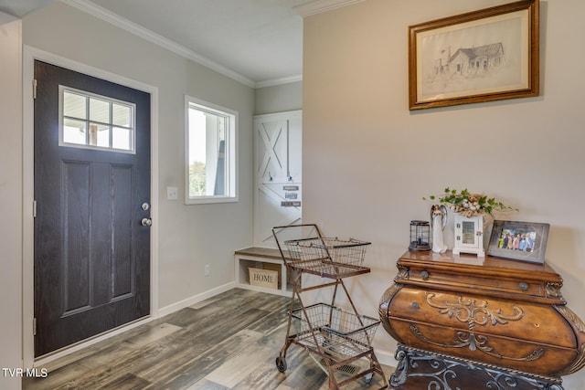 foyer entrance featuring crown molding and hardwood / wood-style flooring