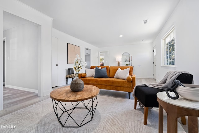 living room with light hardwood / wood-style flooring