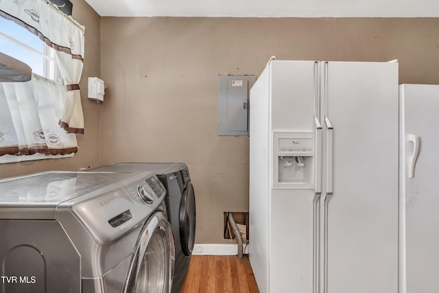 laundry room with independent washer and dryer, electric panel, and light wood-type flooring