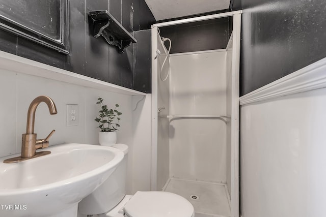 bathroom with sink, a shower, and toilet