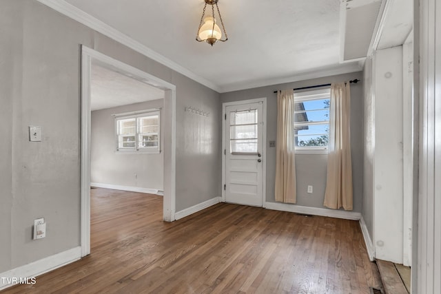 entrance foyer with crown molding, hardwood / wood-style flooring, and plenty of natural light