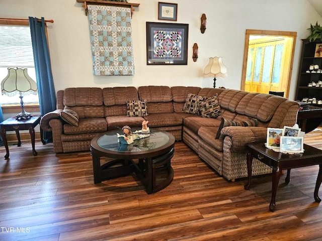 living room with dark wood-type flooring