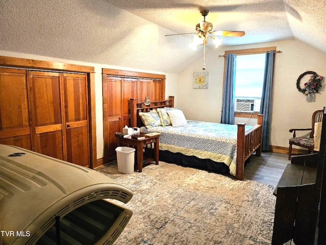7503 Strawberry Mountain Rd, Wise, VA 24293 - bedroom with lofted ceiling, a textured ceiling, baseboards, wood finished floors, and a ceiling fan
