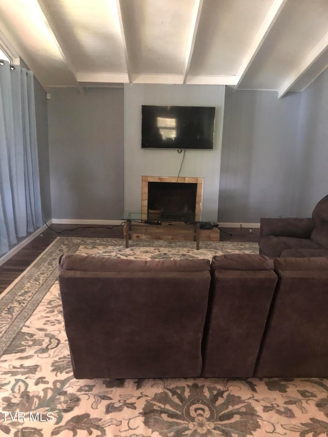 living room featuring hardwood / wood-style flooring and a tile fireplace