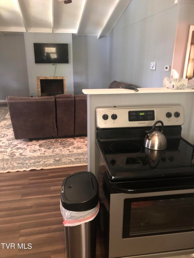 kitchen with hardwood / wood-style flooring, a fireplace, and stainless steel range with electric cooktop