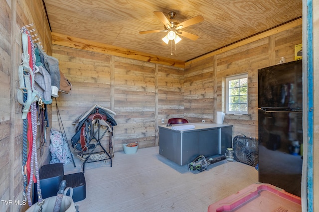 miscellaneous room featuring ceiling fan, wood walls, and wood ceiling