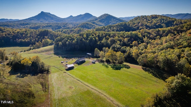 drone / aerial view featuring a mountain view