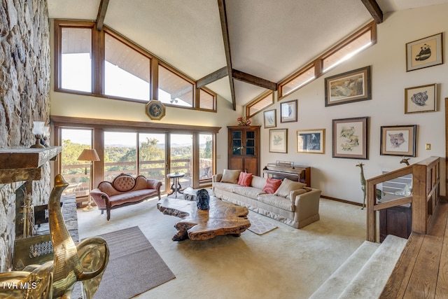 living room featuring beam ceiling, high vaulted ceiling, a fireplace, and light hardwood / wood-style floors