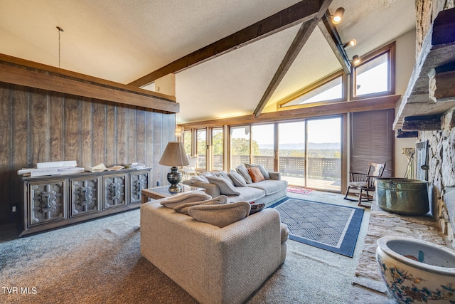 carpeted living room with wooden walls, high vaulted ceiling, a textured ceiling, and plenty of natural light