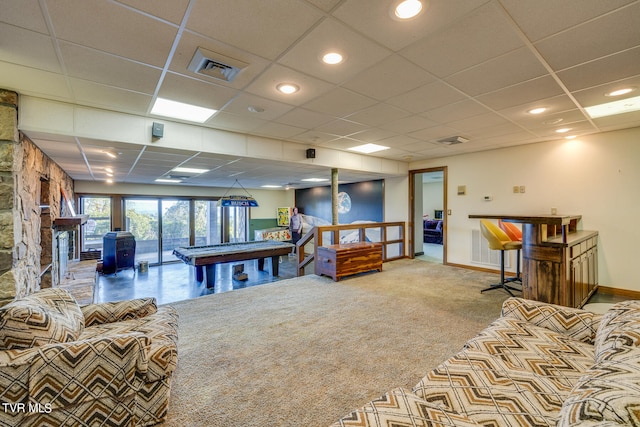 playroom with pool table, a drop ceiling, and carpet flooring