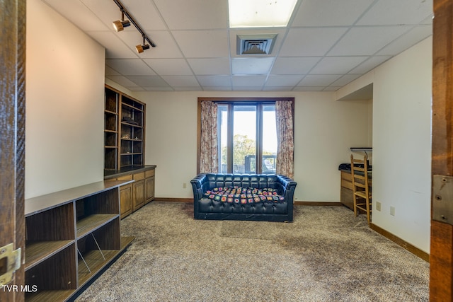 carpeted bedroom featuring a drop ceiling