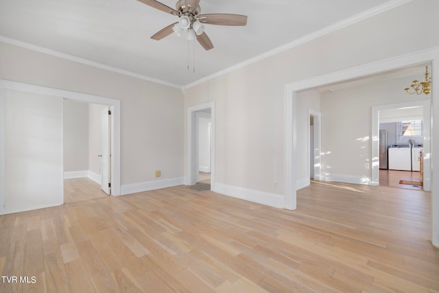 unfurnished room with crown molding, light wood-type flooring, and ceiling fan