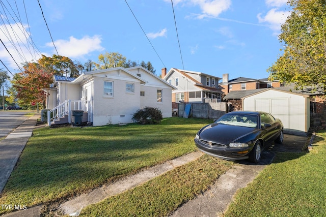 view of property exterior with a storage unit and a lawn