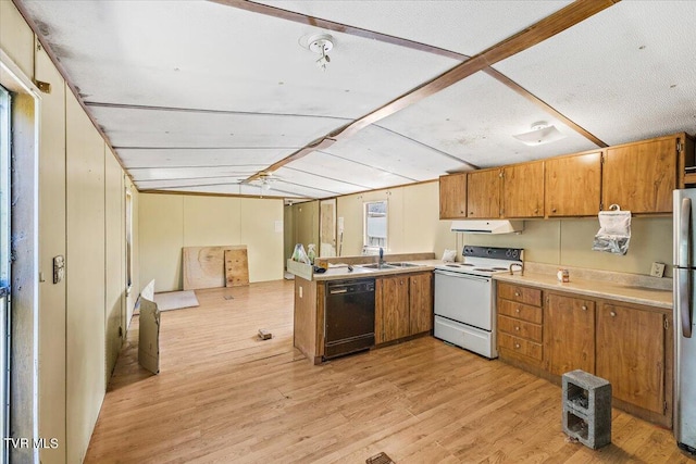 kitchen featuring black dishwasher, white electric stove, light hardwood / wood-style flooring, and stainless steel refrigerator