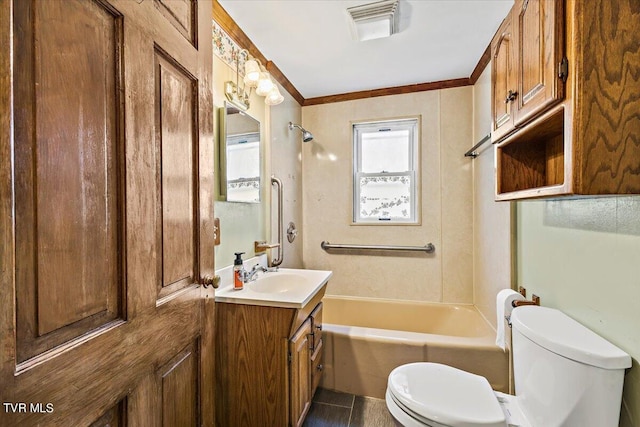 full bathroom featuring toilet, shower / bathing tub combination, vanity, and crown molding