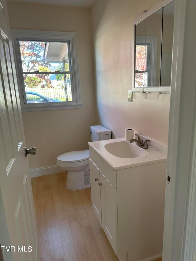 bathroom featuring vanity, a healthy amount of sunlight, toilet, and wood-type flooring