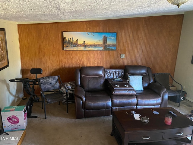 living room with carpet flooring and a textured ceiling