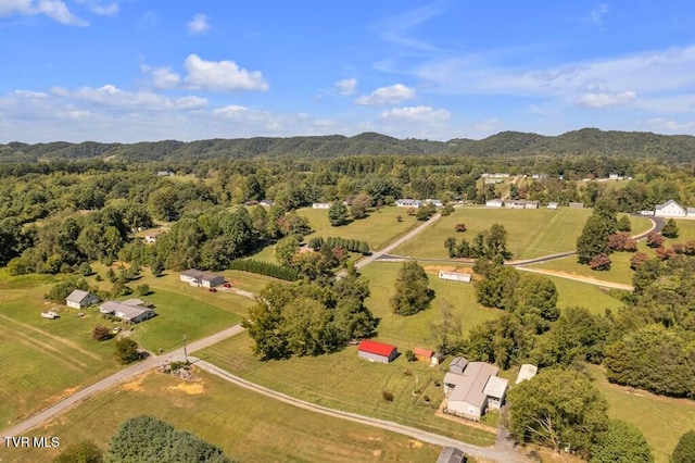drone / aerial view featuring a mountain view, a rural view, and a wooded view