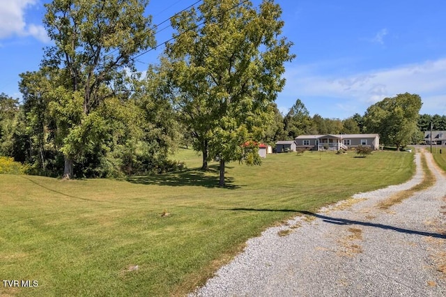 view of front of property with a shed and a front lawn