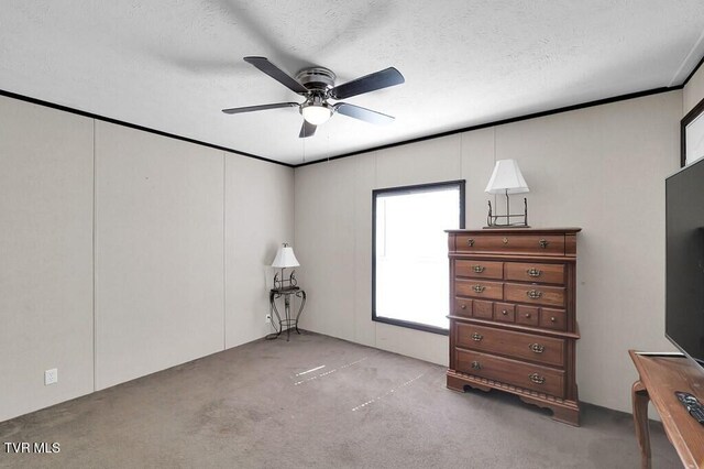 bedroom with ceiling fan, carpet, and a textured ceiling