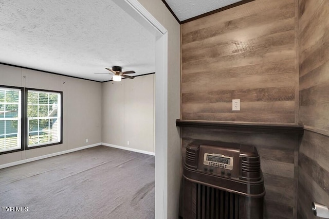 interior space featuring wooden walls, a textured ceiling, carpet, a ceiling fan, and baseboards