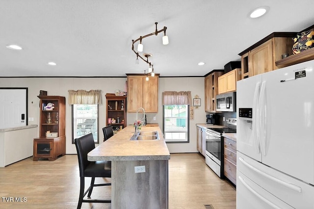 kitchen with sink, light wood-type flooring, stainless steel appliances, crown molding, and a breakfast bar area