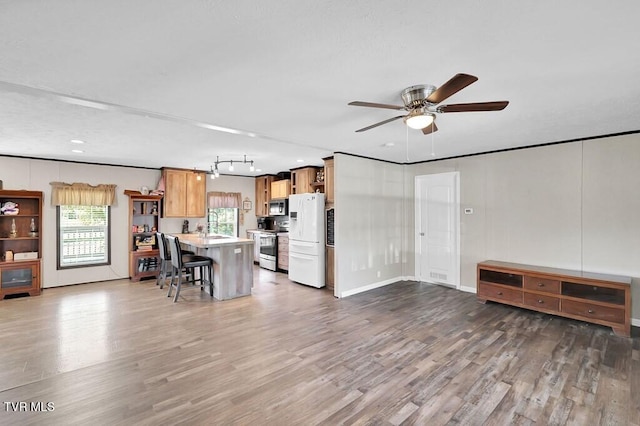unfurnished living room featuring a sink, ceiling fan, and wood finished floors