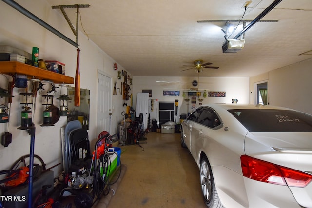 garage featuring ceiling fan and a garage door opener