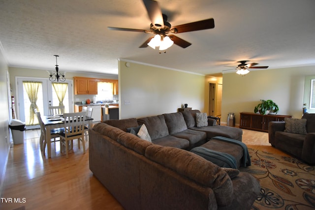 living room with crown molding, a textured ceiling, light wood-type flooring, and ceiling fan with notable chandelier