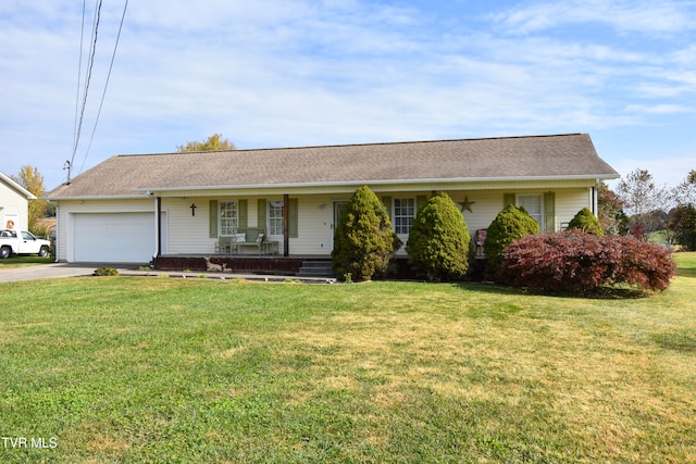 ranch-style house with a porch, a front lawn, and a garage