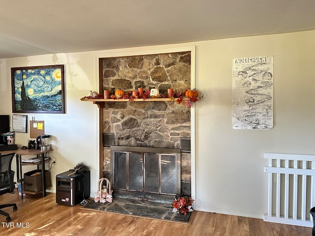 interior details featuring hardwood / wood-style floors and a stone fireplace