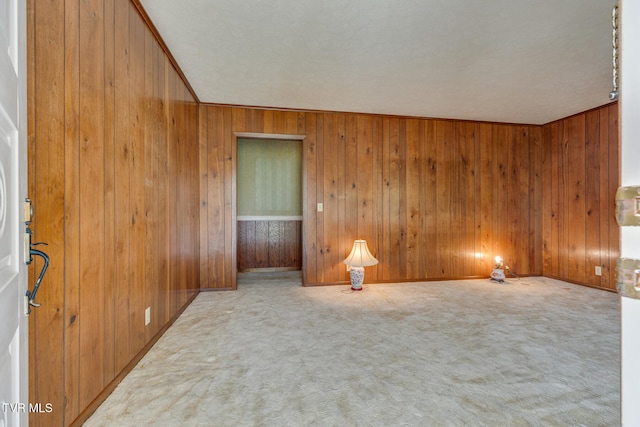 carpeted empty room with wood walls