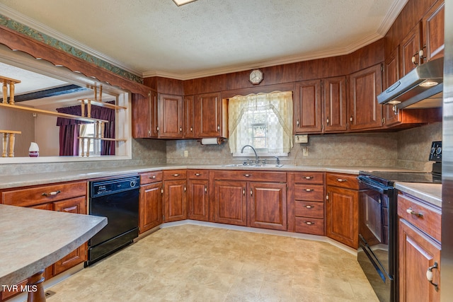 kitchen with sink, ornamental molding, black appliances, and a textured ceiling