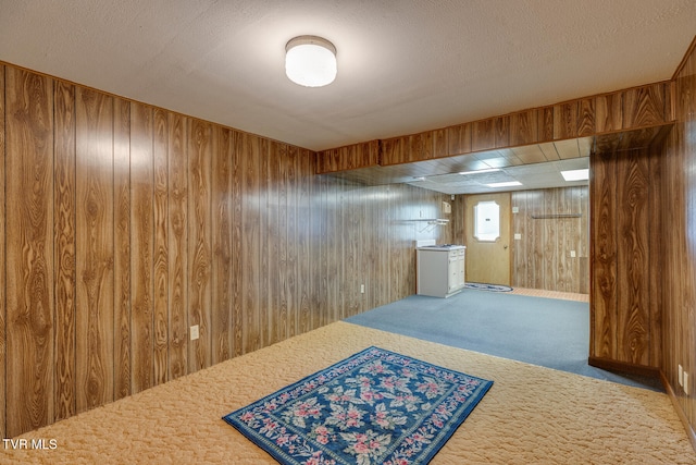 interior space with carpet floors, a textured ceiling, and wood walls