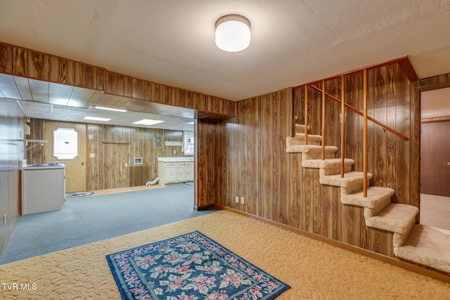 basement featuring carpet floors and wood walls