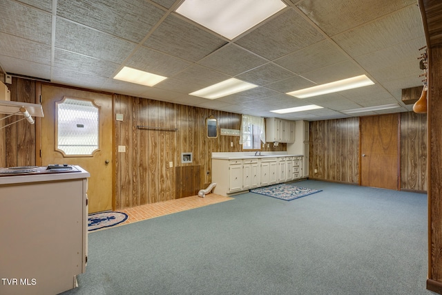 basement featuring sink, wooden walls, and light colored carpet