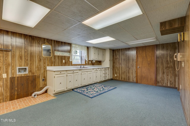 interior space with sink, light colored carpet, and wood walls