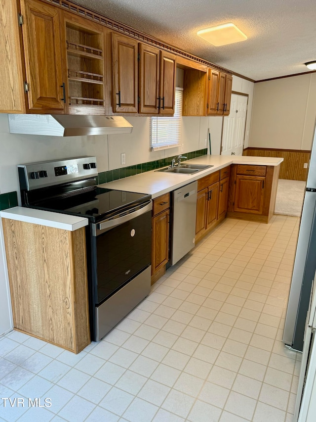 kitchen with appliances with stainless steel finishes, a textured ceiling, crown molding, sink, and ventilation hood