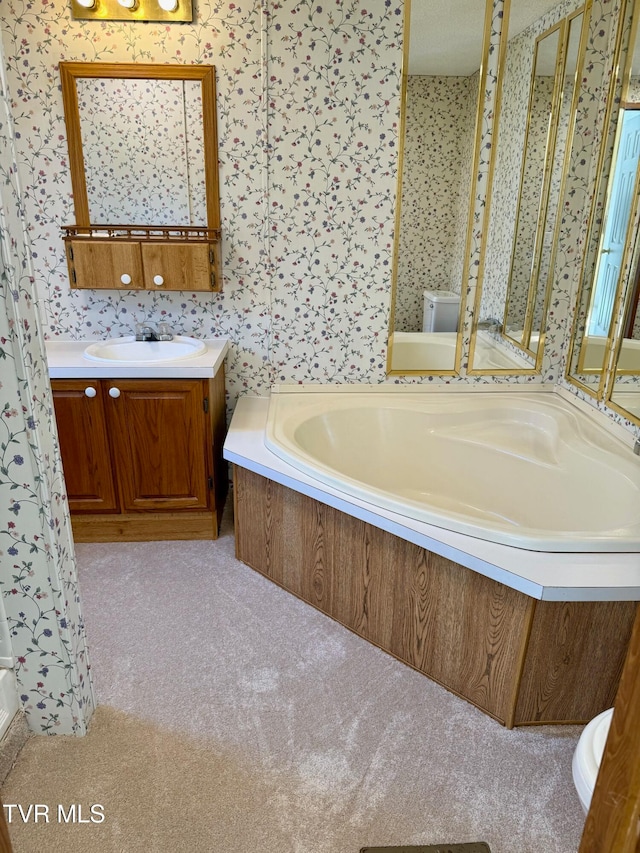 bathroom with vanity, toilet, and a washtub