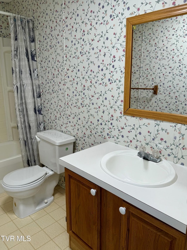 4527 Dorchester Rd, Norton, VA 24273 - bathroom with wallpapered walls, vanity, toilet, shower / tub combo, and tile patterned flooring