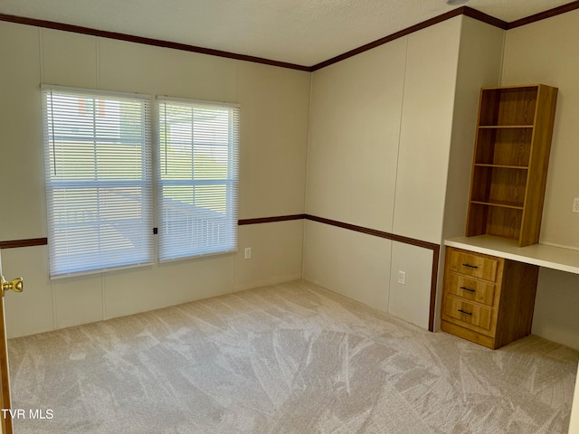 carpeted empty room with built in desk, crown molding, and a textured ceiling