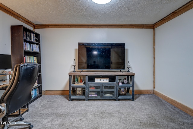 carpeted home office featuring a textured ceiling