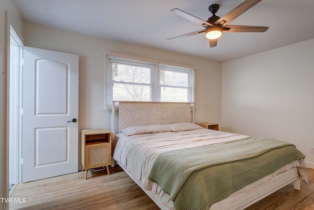 bedroom featuring ceiling fan and light wood-type flooring